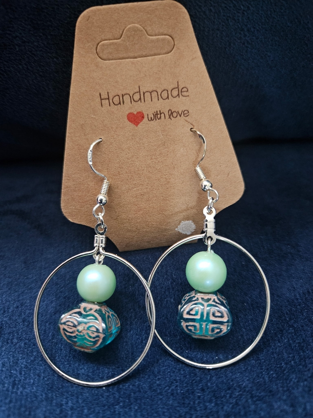 Handmade Green Pearl Hoop Earrings with Decorative Beads